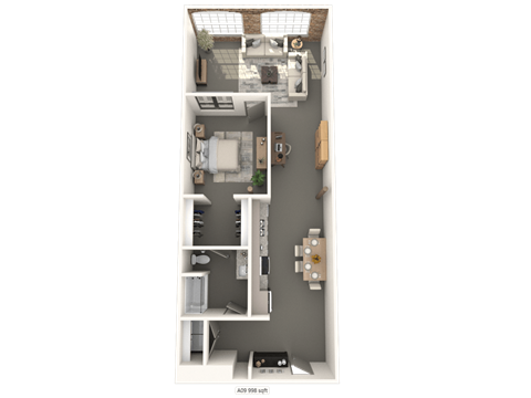 A floor plan of a small apartment with a kitchen, living room, and bathroom.